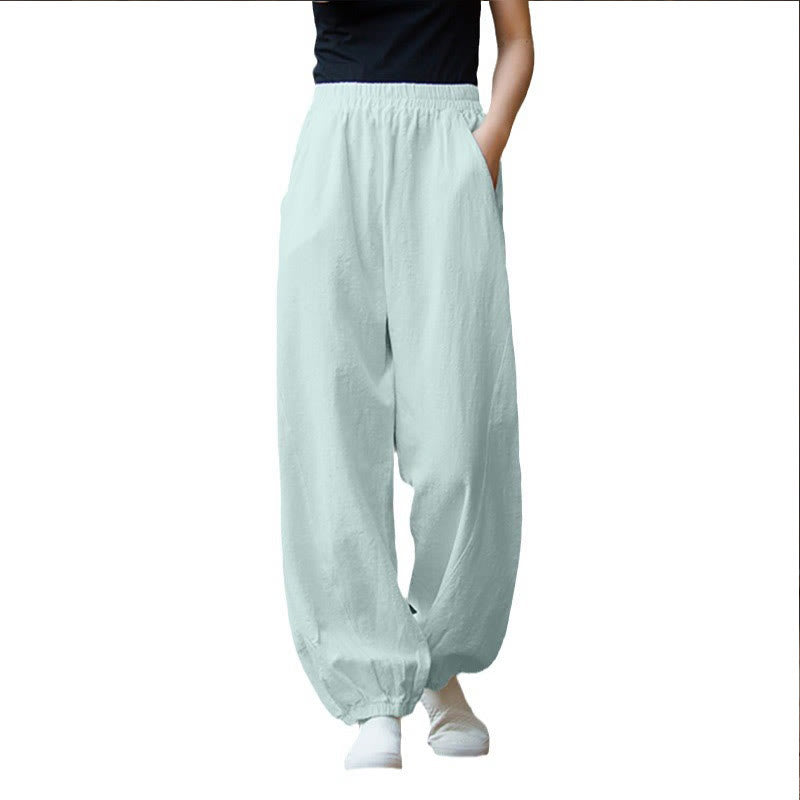 Pantalones de mujer de algodón y ramio con cintura elástica y bolsillos de color liso con estampado de zanahoria y Buddha Stones - image 37