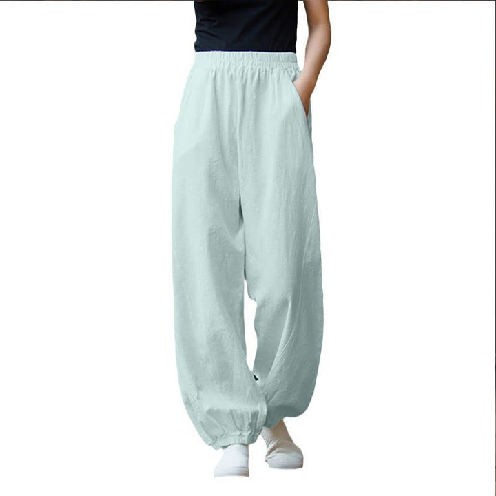 Pantalones de mujer de algodón y ramio con cintura elástica y bolsillos de color liso con estampado de zanahoria y Buddha Stones - image 37