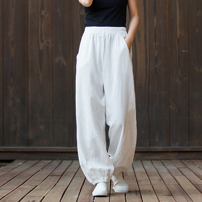 Pantalones de mujer de algodón y ramio con cintura elástica y bolsillos de color liso con estampado de zanahoria y Buddha Stones - image 9