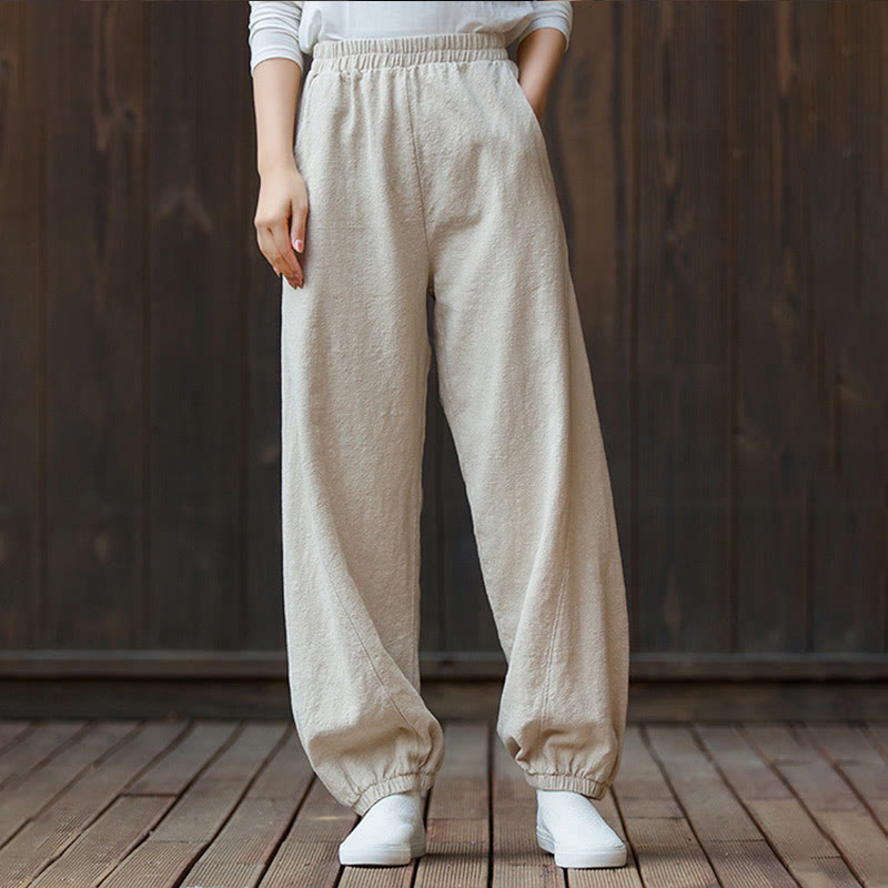 Pantalones de mujer de algodón y ramio con cintura elástica y bolsillos de color liso con estampado de zanahoria y Buddha Stones - image 22