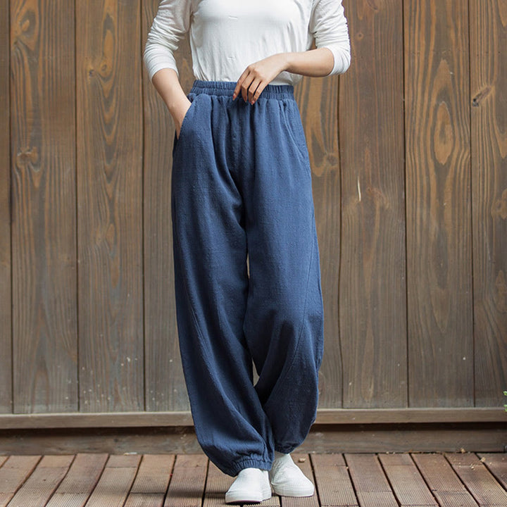 Pantalones de mujer de algodón y ramio con cintura elástica y bolsillos de color liso con estampado de zanahoria y Buddha Stones - image 40