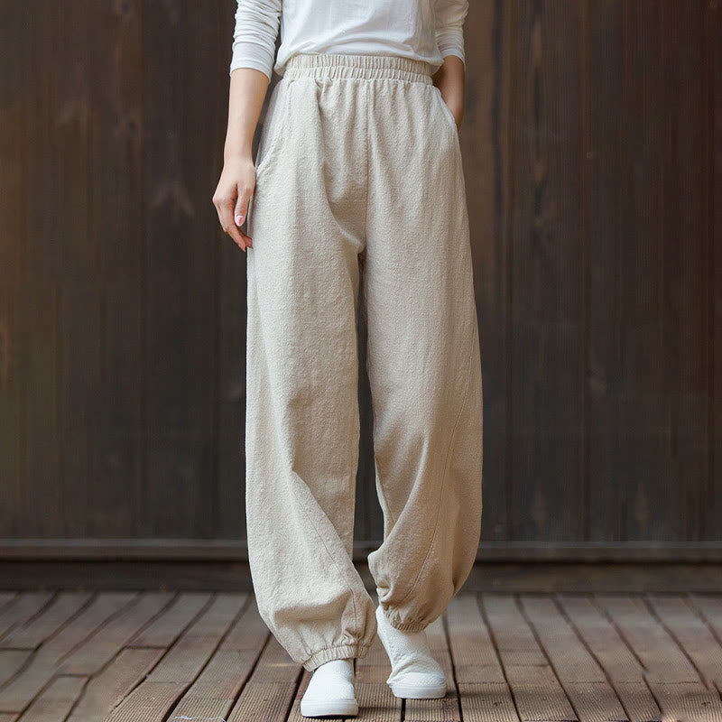 Pantalones de mujer de algodón y ramio con cintura elástica y bolsillos de color liso con estampado de zanahoria y Buddha Stones - Beige - US4，UK/AU8，EU36 (L) - image 18