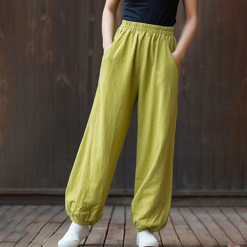 Pantalones de mujer de algodón y ramio con cintura elástica y bolsillos de color liso con estampado de zanahoria y Buddha Stones - image 26