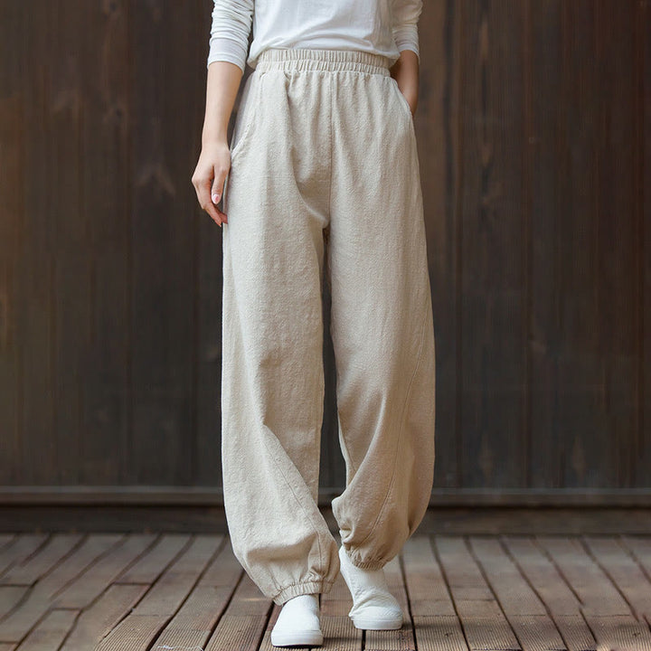 Pantalones de mujer de algodón y ramio con cintura elástica y bolsillos de color liso con estampado de zanahoria y Buddha Stones - Beige - US4，UK/AU8，EU36 (L) - image 18