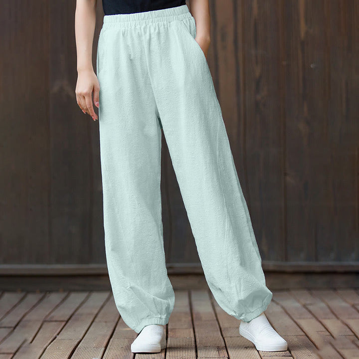 Pantalones de mujer de algodón y ramio con cintura elástica y bolsillos de color liso con estampado de zanahoria y Buddha Stones - image 36