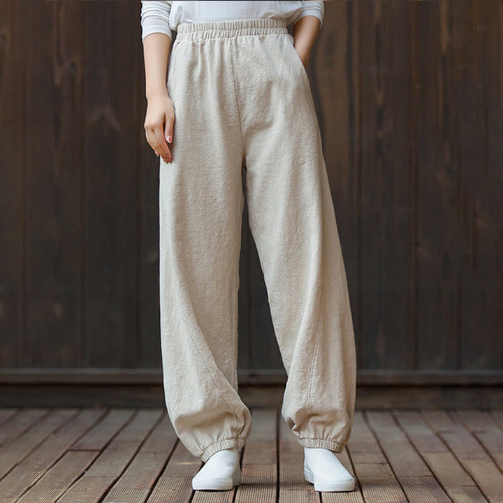 Pantalones de mujer de algodón y ramio con cintura elástica y bolsillos de color liso con estampado de zanahoria y Buddha Stones - image 22
