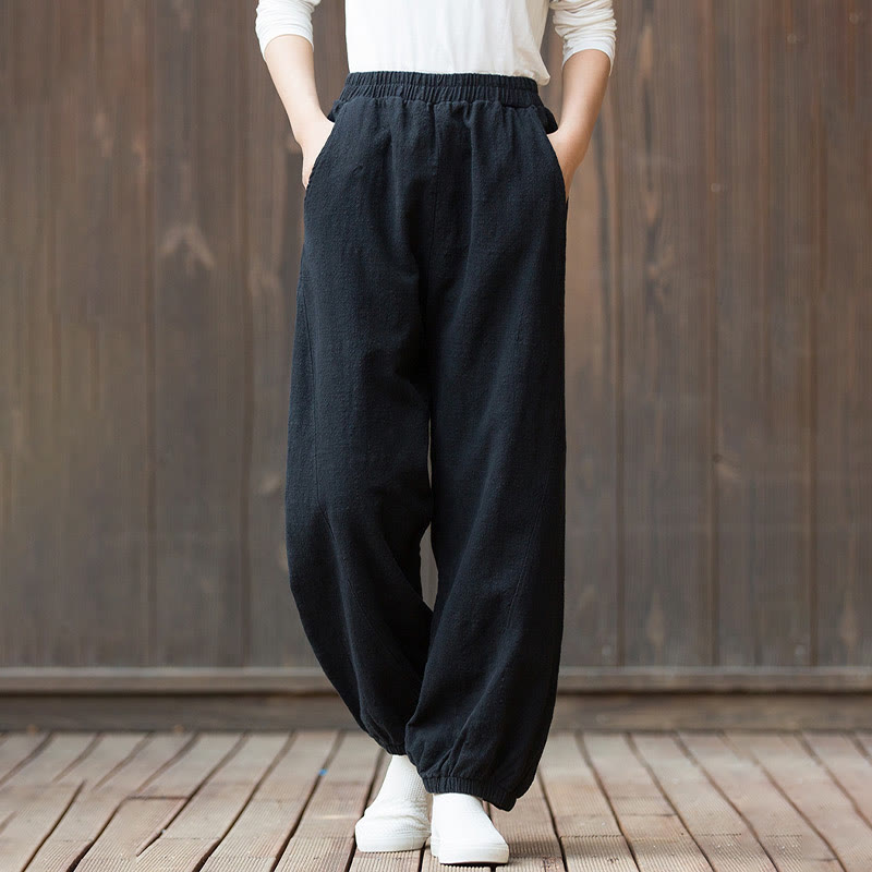 Pantalones de mujer de algodón y ramio con cintura elástica y bolsillos de color liso con estampado de zanahoria y Buddha Stones - image 13