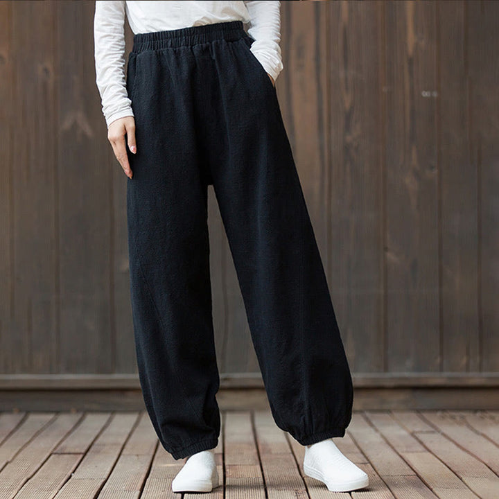 Pantalones de mujer de algodón y ramio con cintura elástica y bolsillos de color liso con estampado de zanahoria y Buddha Stones - image 17