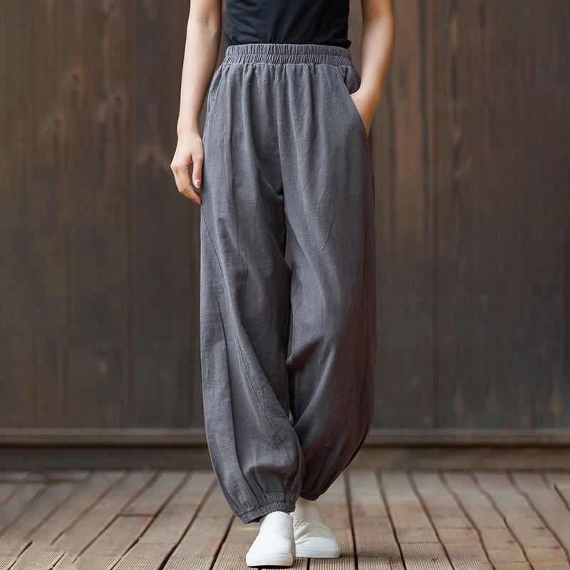 Pantalones de mujer de algodón y ramio con cintura elástica y bolsillos de color liso con estampado de zanahoria y Buddha Stones - Gris oscuro - US4，UK/AU8，EU36 (L) - image 29