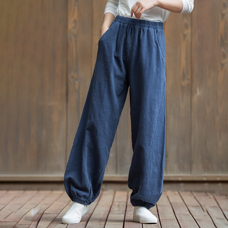 Pantalones de mujer de algodón y ramio con cintura elástica y bolsillos de color liso con estampado de zanahoria y Buddha Stones - image 41