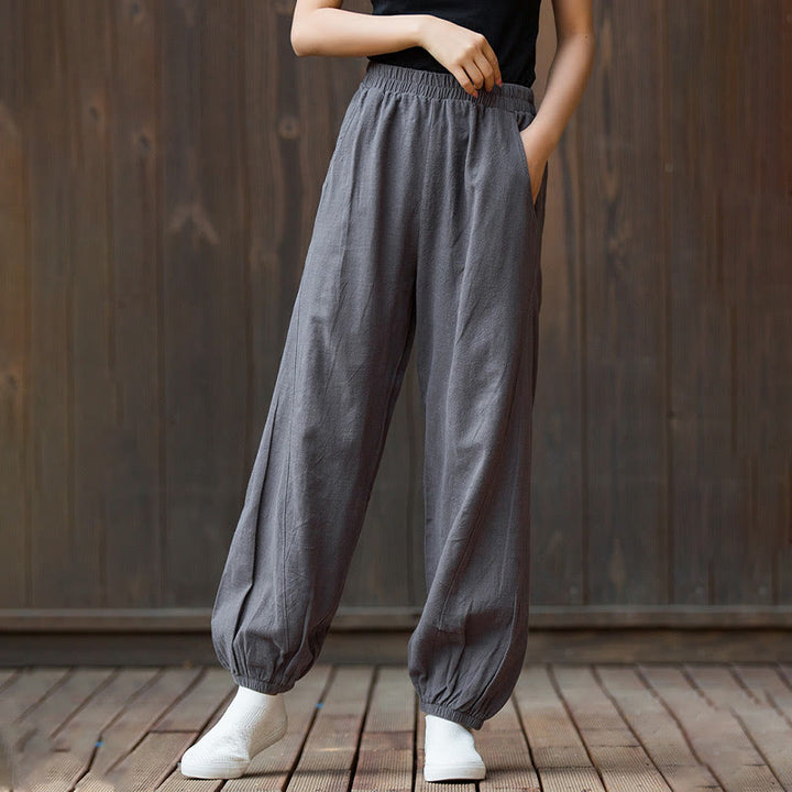Pantalones de mujer de algodón y ramio con cintura elástica y bolsillos de color liso con estampado de zanahoria y Buddha Stones - image 32
