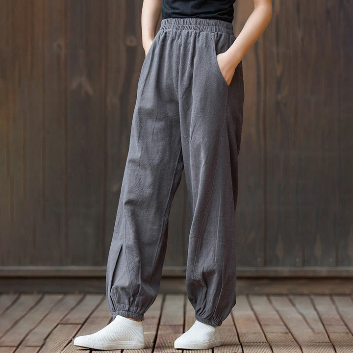 Pantalones de mujer de algodón y ramio con cintura elástica y bolsillos de color liso con estampado de zanahoria y Buddha Stones - image 30