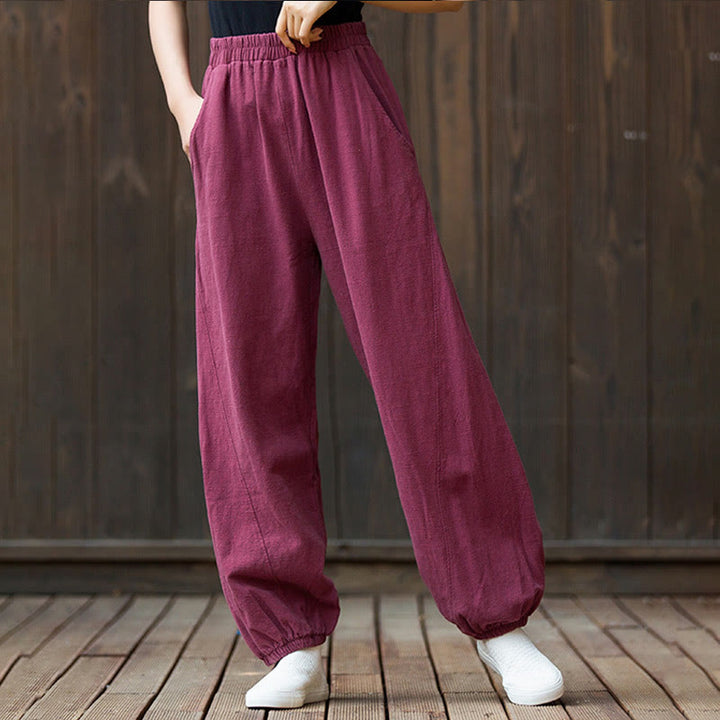 Pantalones de mujer de algodón y ramio con cintura elástica y bolsillos de color liso con estampado de zanahoria y Buddha Stones - image 4