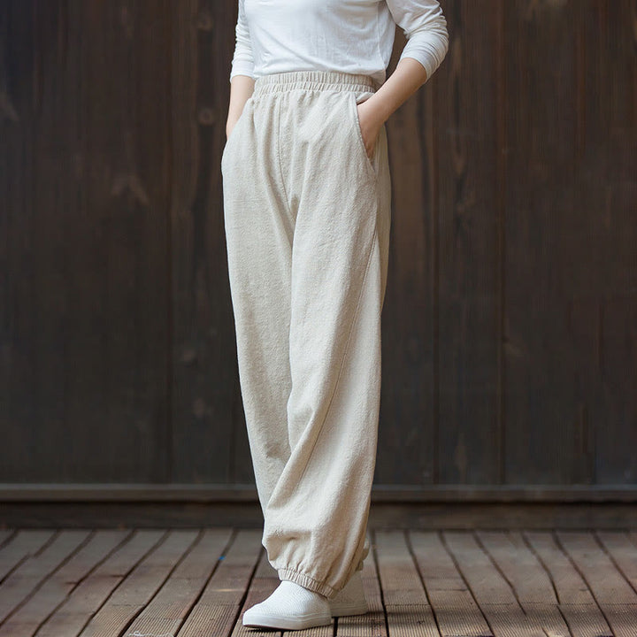 Pantalones de mujer de algodón y ramio con cintura elástica y bolsillos de color liso con estampado de zanahoria y Buddha Stones - image 21
