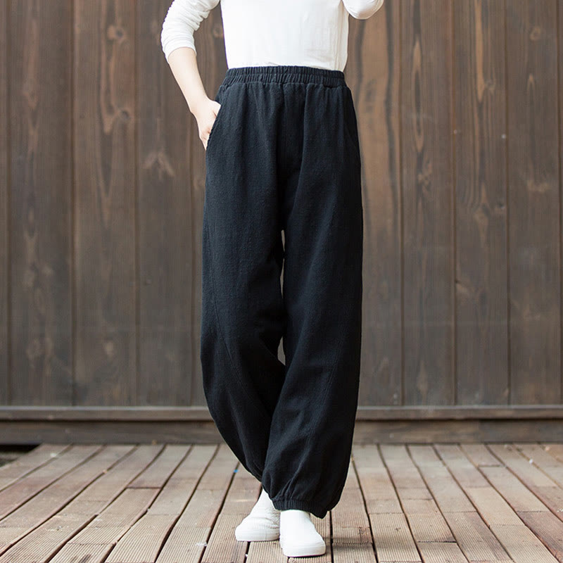 Pantalones de mujer de algodón y ramio con cintura elástica y bolsillos de color liso con estampado de zanahoria y Buddha Stones - image 14