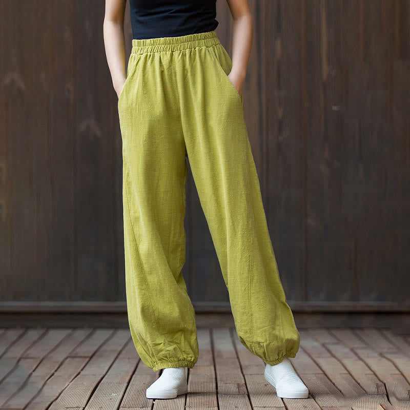 Pantalones de mujer de algodón y ramio con cintura elástica y bolsillos de color liso con estampado de zanahoria y Buddha Stones - image 27