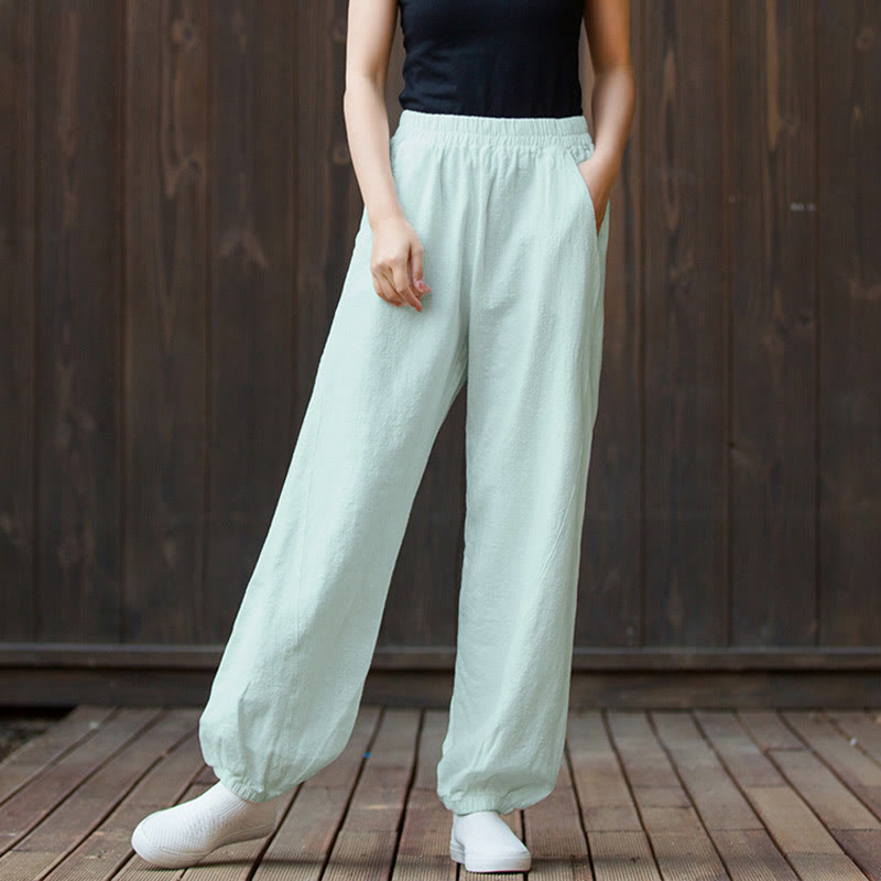 Pantalones de mujer de algodón y ramio con cintura elástica y bolsillos de color liso con estampado de zanahoria y Buddha Stones - image 35