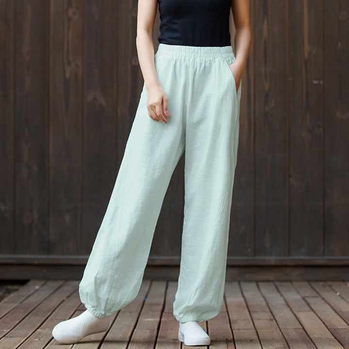Pantalones de mujer de algodón y ramio con cintura elástica y bolsillos de color liso con estampado de zanahoria y Buddha Stones - image 35