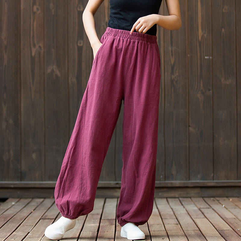 Pantalones de mujer de algodón y ramio con cintura elástica y bolsillos de color liso con estampado de zanahoria y Buddha Stones - image 3