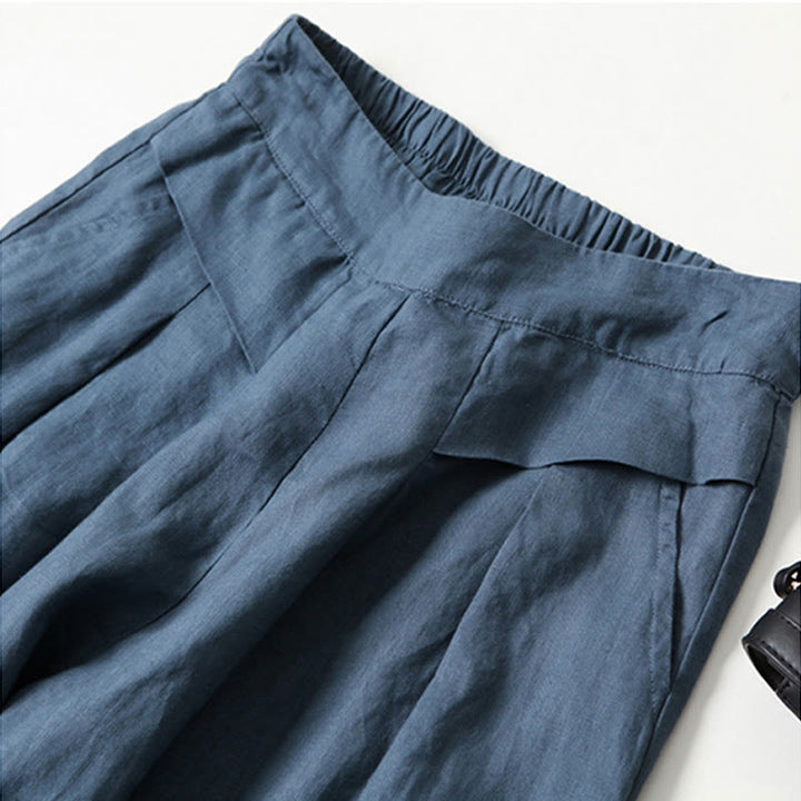 Pantalones de lino y algodón de color liso con cintura alta y pierna ancha y bolsillos con Buddha Stones
