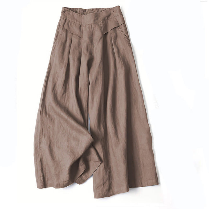 Pantalones de lino y algodón de color liso con cintura alta y pierna ancha y bolsillos con Buddha Stones