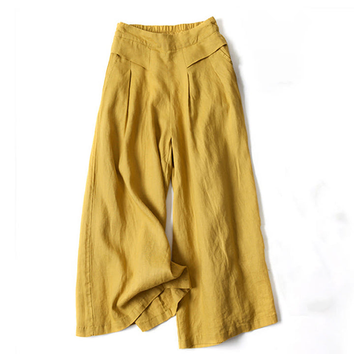 Pantalones de lino y algodón de color liso con cintura alta y pierna ancha y bolsillos con Buddha Stones