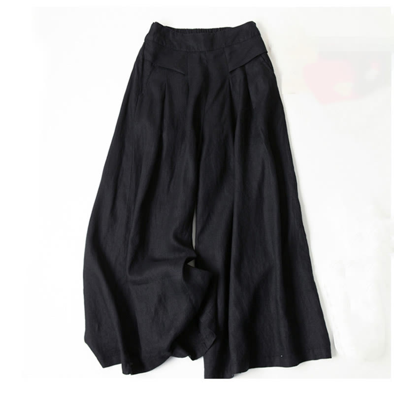 Pantalones de lino y algodón de color liso con cintura alta y pierna ancha y bolsillos con Buddha Stones