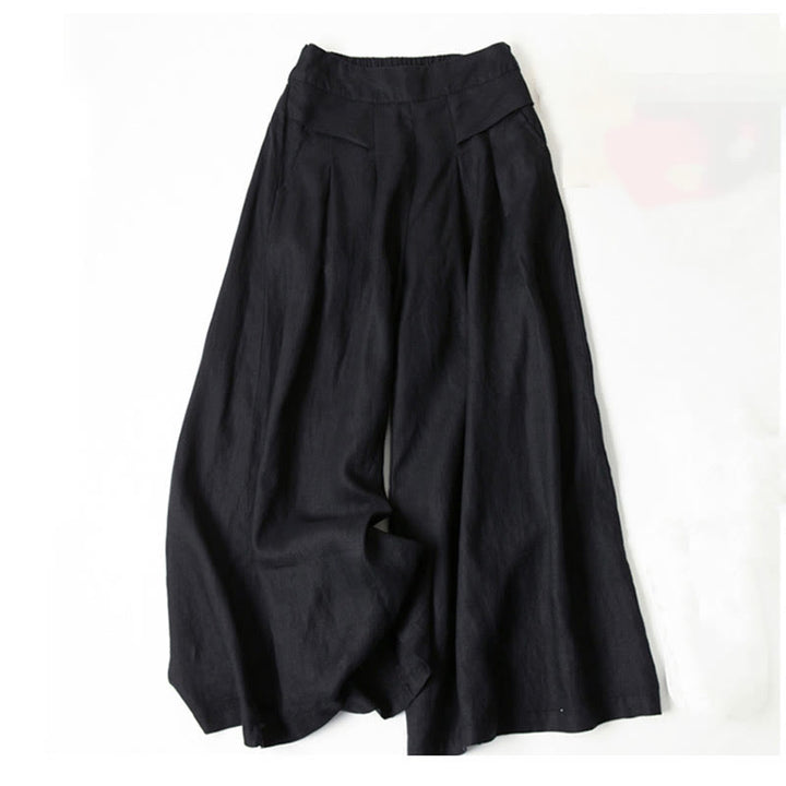 Pantalones de lino y algodón de color liso con cintura alta y pierna ancha y bolsillos con Buddha Stones