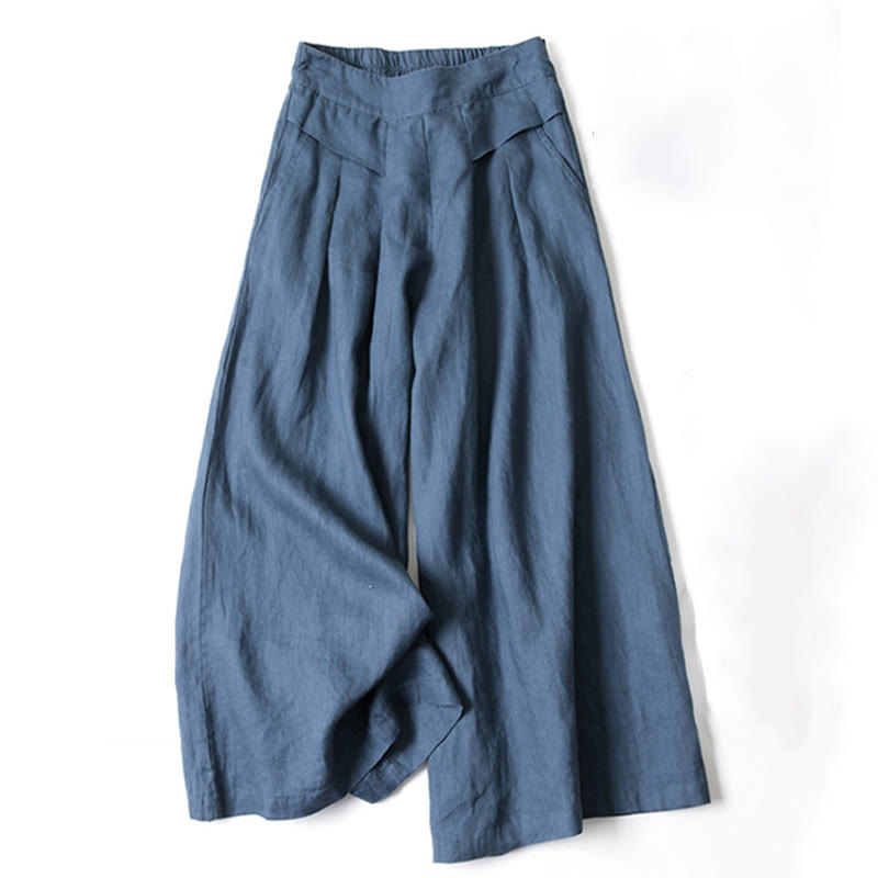 Pantalones de lino y algodón de color liso con cintura alta y pierna ancha y bolsillos con Buddha Stones