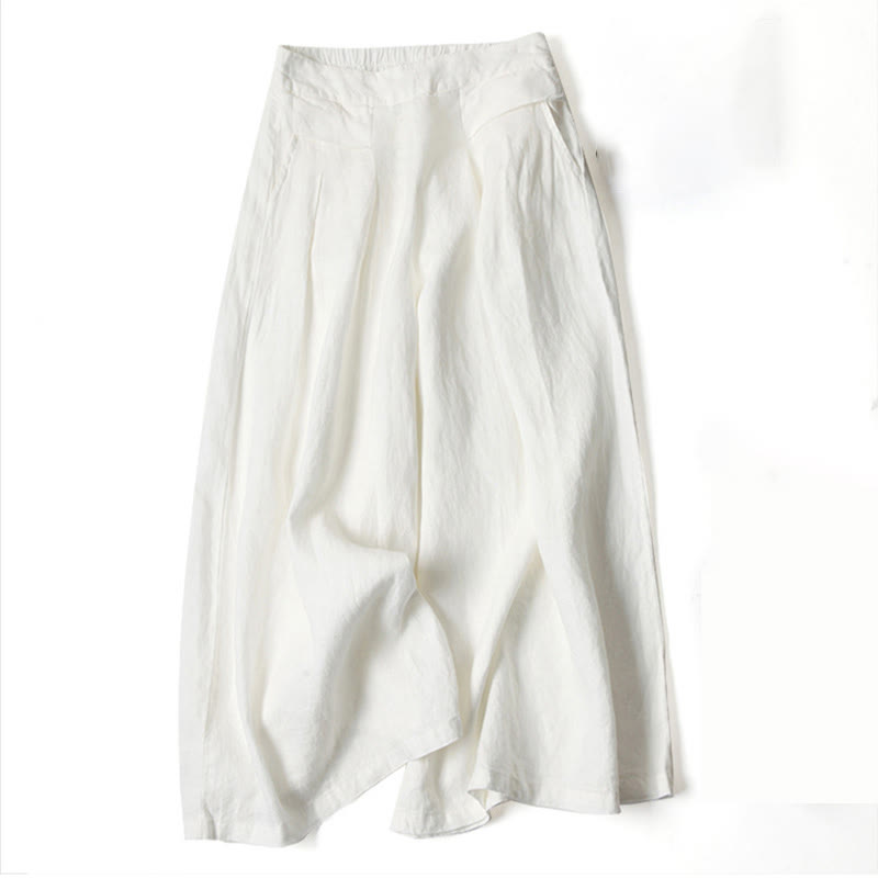 Pantalones de lino y algodón de color liso con cintura alta y pierna ancha y bolsillos con Buddha Stones