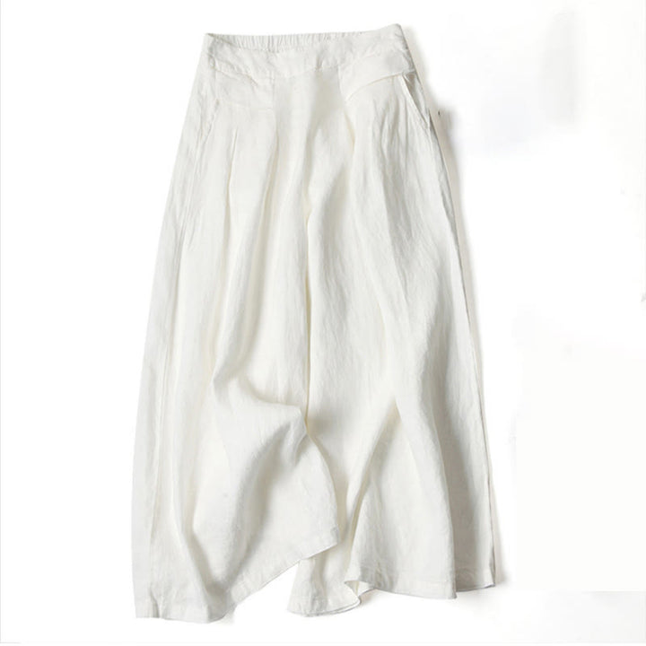 Pantalones de lino y algodón de color liso con cintura alta y pierna ancha y bolsillos con Buddha Stones