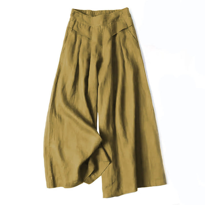 Pantalones de lino y algodón de color liso con cintura alta y pierna ancha y bolsillos con Buddha Stones