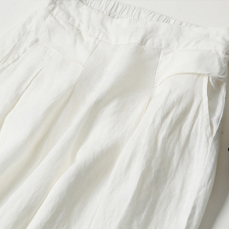 Pantalones de lino y algodón de color liso con cintura alta y pierna ancha y bolsillos con Buddha Stones