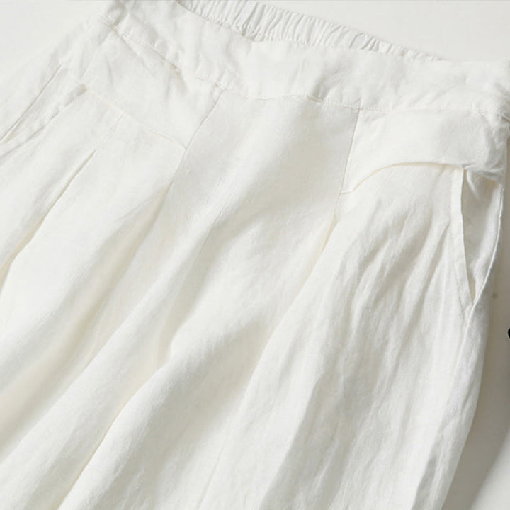 Pantalones de lino y algodón de color liso con cintura alta y pierna ancha y bolsillos con Buddha Stones