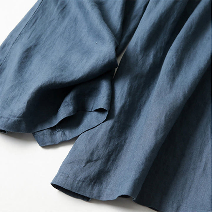 Pantalones de lino y algodón de color liso con cintura alta y pierna ancha y bolsillos con Buddha Stones