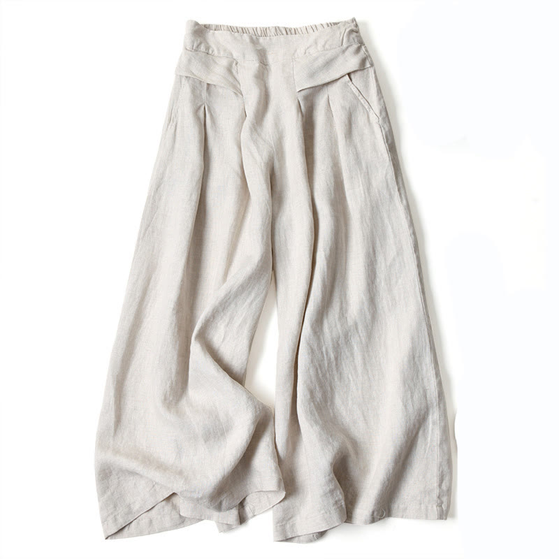 Pantalones de lino y algodón de color liso con cintura alta y pierna ancha y bolsillos con Buddha Stones