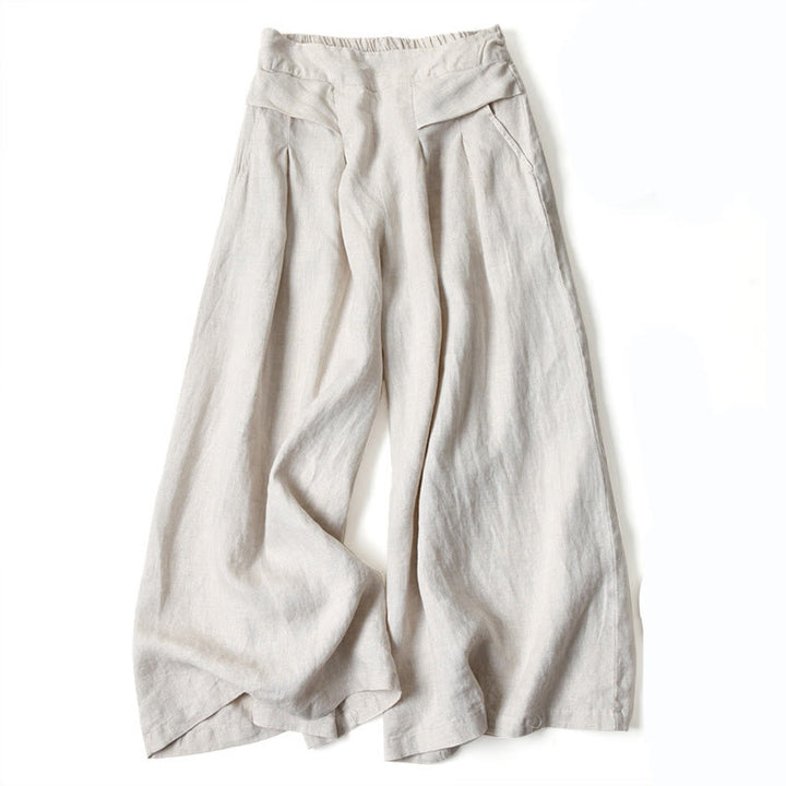 Pantalones de lino y algodón de color liso con cintura alta y pierna ancha y bolsillos con Buddha Stones