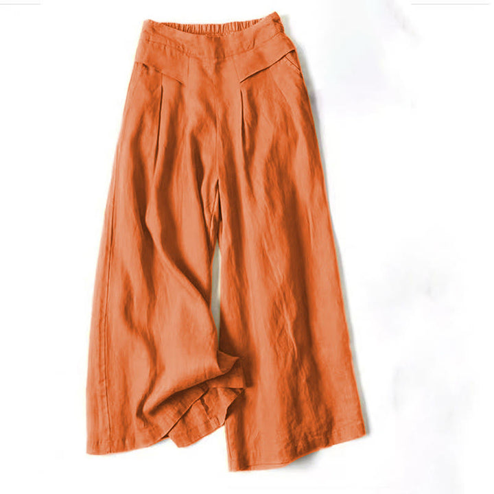 Pantalones de lino y algodón de color liso con cintura alta y pierna ancha y bolsillos con Buddha Stones