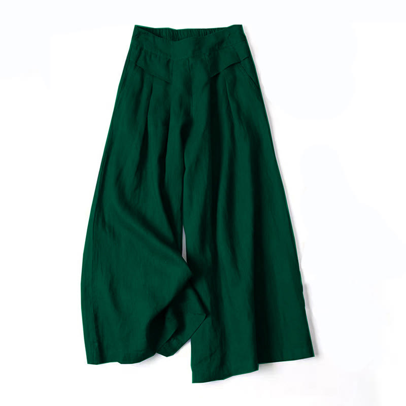 Pantalones de lino y algodón de color liso con cintura alta y pierna ancha y bolsillos con Buddha Stones