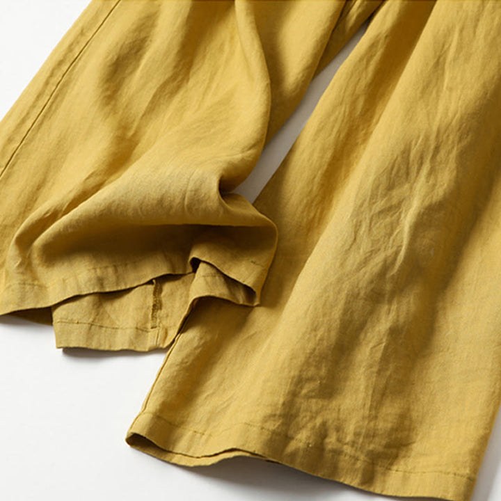 Pantalones de lino y algodón de color liso con cintura alta y pierna ancha y bolsillos con Buddha Stones