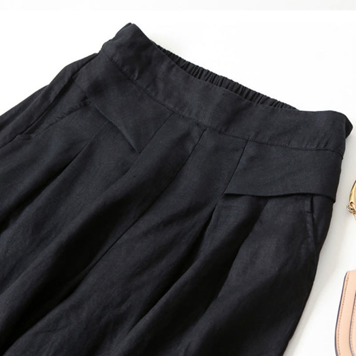 Pantalones de lino y algodón de color liso con cintura alta y pierna ancha y bolsillos con Buddha Stones