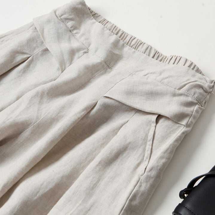 Pantalones de lino y algodón de color liso con cintura alta y pierna ancha y bolsillos con Buddha Stones