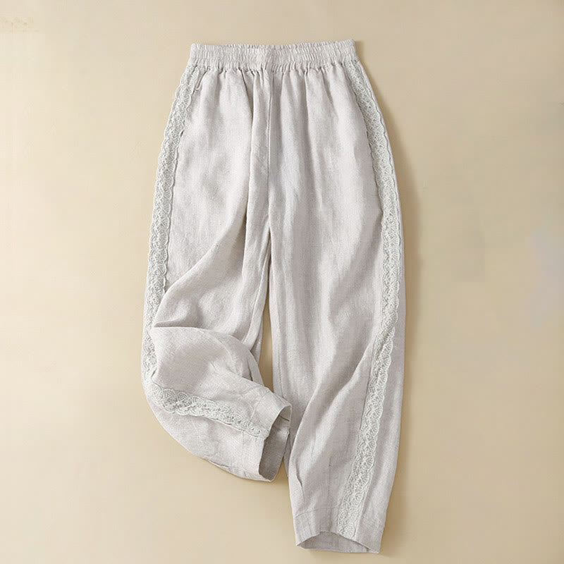 Pantalones de lino con bordado de flores en los laterales y bolsillos para mujer con Buddha Stones - Humo blanco - US12, UK/AU16, EU44 (3XL) - image 13