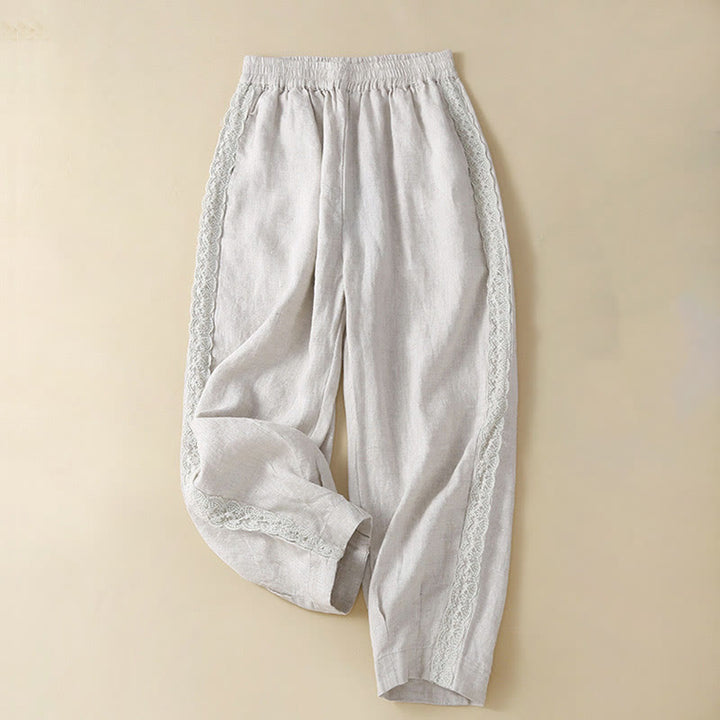 Pantalones de lino con bordado de flores en los laterales y bolsillos para mujer con Buddha Stones - Humo blanco - US12, UK/AU16, EU44 (3XL) - image 13