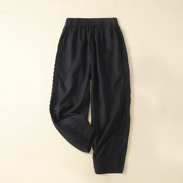 Pantalones de lino con bordado de flores en los laterales y bolsillos para mujer con Buddha Stones - Negro - US12, UK/AU16, EU44 (3XL) - image 23