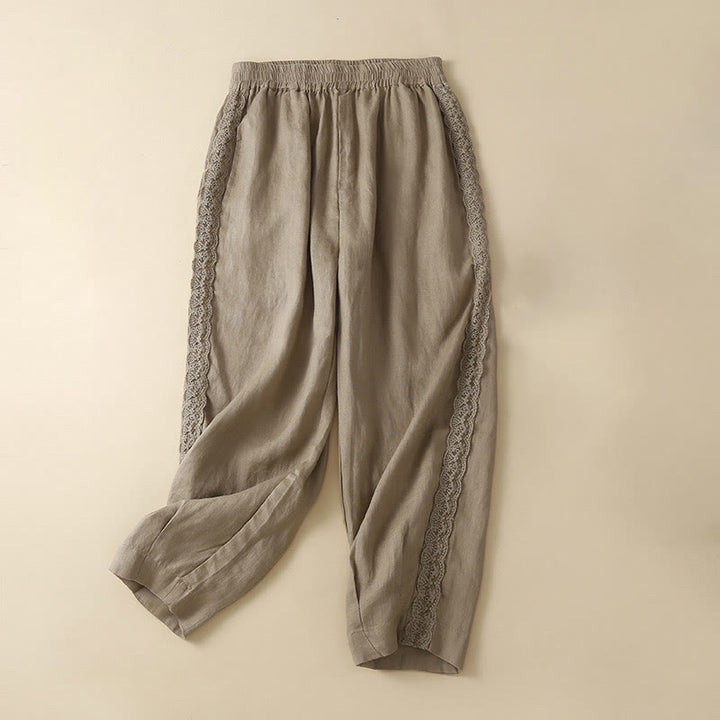 Pantalones de lino con bordado de flores en los laterales y bolsillos para mujer con Buddha Stones - Caqui oscuro - US12, UK/AU16, EU44 (3XL) - image 0