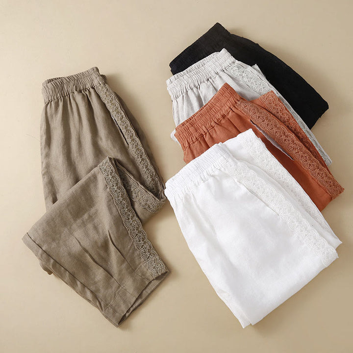 Pantalones de lino con bordado de flores en los laterales y bolsillos para mujer con Buddha Stones - image 1
