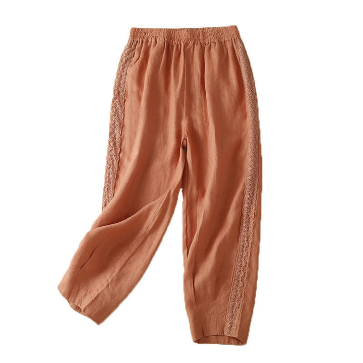Pantalones de lino con bordado de flores en los laterales y bolsillos para mujer con Buddha Stones - image 12