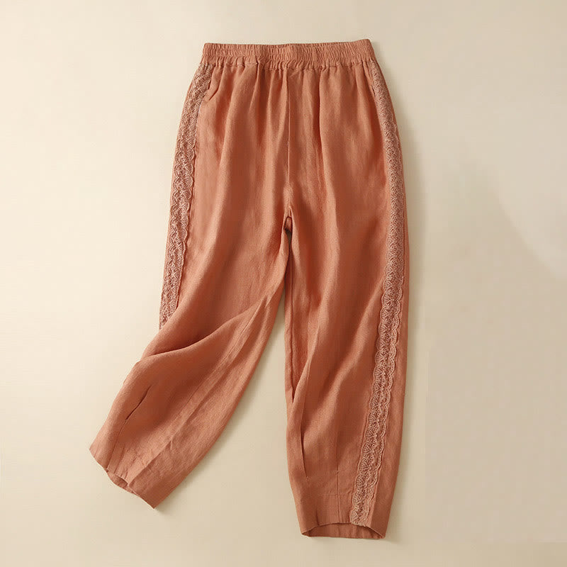 Pantalones de lino con bordado de flores en los laterales y bolsillos para mujer con Buddha Stones - Naranja - US12, UK/AU16, EU44 (3XL) - image 7