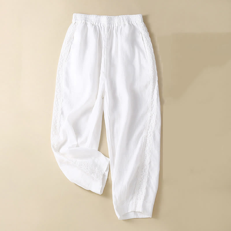 Pantalones de lino con bordado de flores en los laterales y bolsillos para mujer con Buddha Stones - Blanco - US12, UK/AU16, EU44 (3XL) - image 27